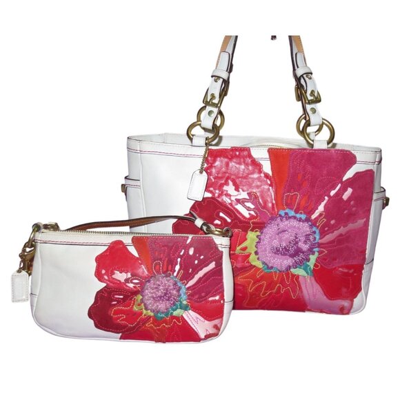 COACH 2005 Limited Edition Poppy Peace Floral Appliqué Leather Tote Wristlet Set - Picture 1 of 16
